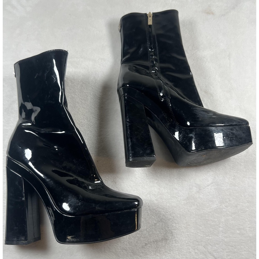 Guess Byra Platform Boots Womens Size 8.5 Black Patent Block Heel Square Toe